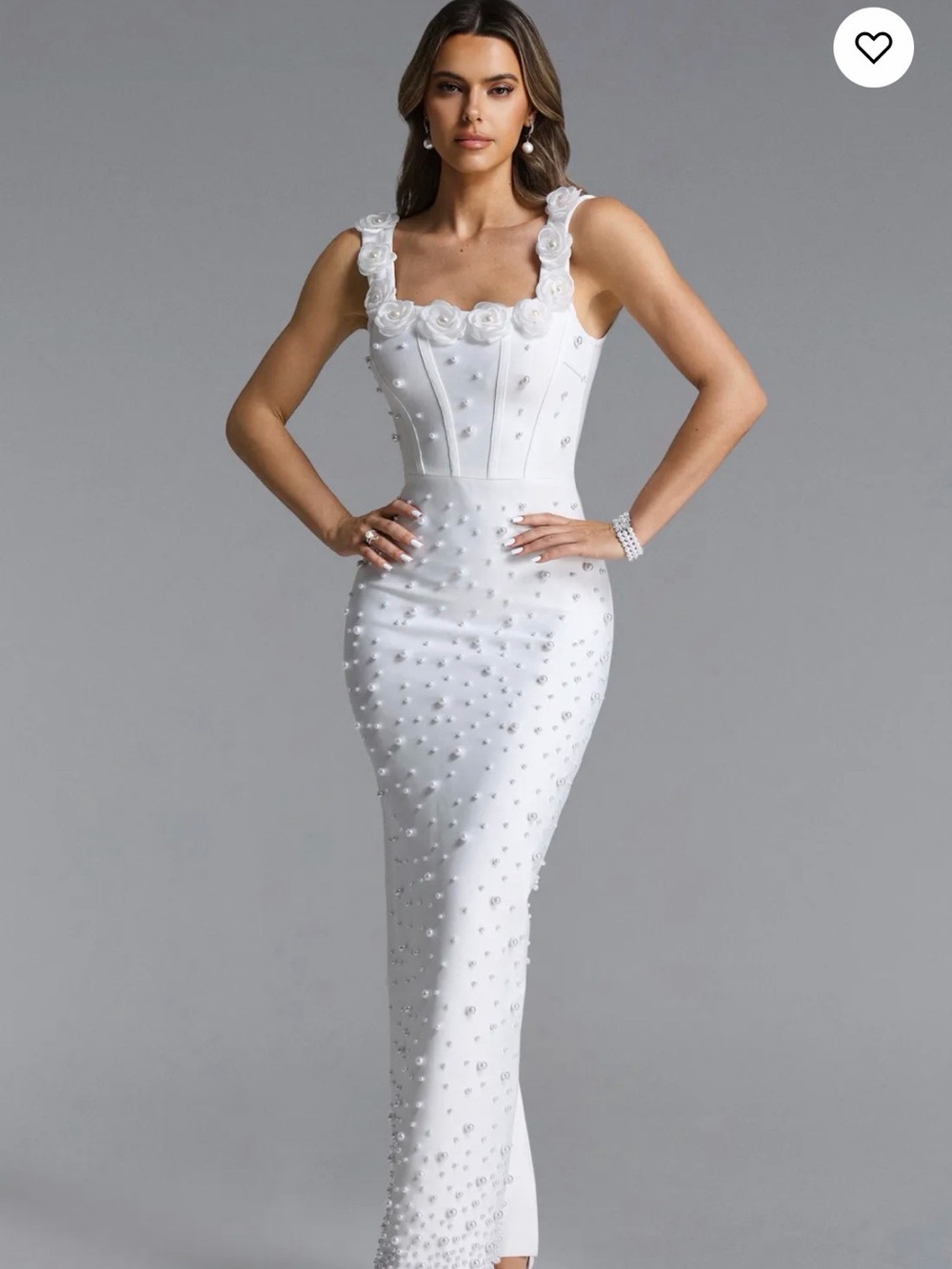 White Pearl Maxi Dress with Floral Strap Detail